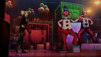 Movie still from “Injustice” (2021), directed by Matt Peters – Two animated characters are standing in front of balloons; Wide shot, Over the shoulder angle