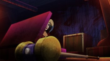 Movie still from “Injustice” (2021), directed by Matt Peters – A woman sitting in front of an open suitcase; Wide shot, High angle