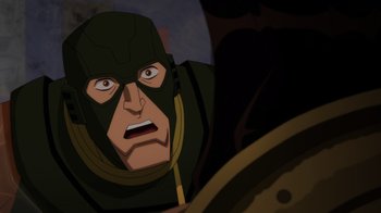 Movie still from “Injustice” (2021), directed by Matt Peters – A person wearing a mask; Close Up shot, Over the shoulder angle