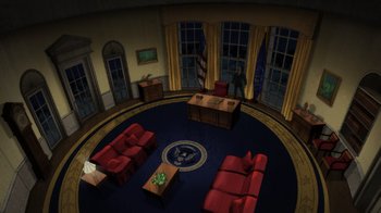 Movie still from “Injustice” (2021), directed by Matt Peters – The oval office of the white house is lit up at night; Extreme Wide shot, High angle
