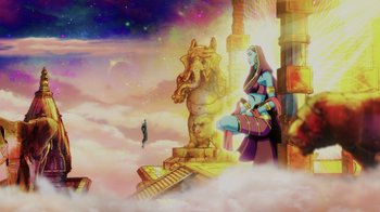 Movie still from “Injustice” (2021), directed by Matt Peters – An image of an egyptian statue in the sky; Extreme Wide shot, Low angle