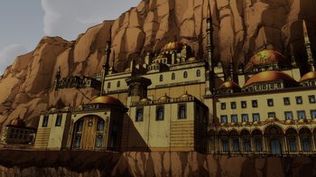 Movie still from “Injustice” (2021), directed by Matt Peters – An illustration of a castle on top of a mountain; Extreme Wide shot, Low angle