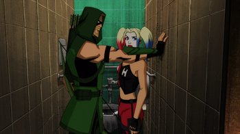 Movie still from “Injustice” (2021), directed by Matt Peters – A green arrow and harley quinn in a bathroom; Medium shot, Over the shoulder angle