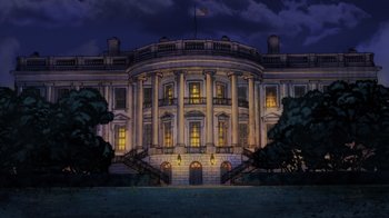 Movie still from “Injustice” (2021), directed by Matt Peters – A drawing of the white house lit up at night; Extreme Wide shot, Low angle