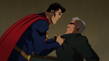 Movie still from “Injustice” (2021), directed by Matt Peters – A man and a man standing next to each other; Medium shot, Over the shoulder angle