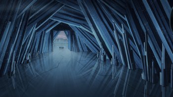 Movie still from “Injustice” (2021), directed by Matt Peters – An artistic rendering of an empty room with a view of the sky; Extreme Wide shot, High angle