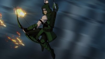 Movie still from “Injustice” (2021), directed by Matt Peters – An animated green arrow flying through the air; Wide shot, Low angle