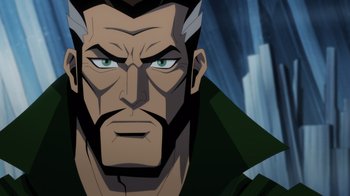 Movie still from “Injustice” (2021), directed by Matt Peters – A man's face in a cartoon style; Close Up shot, Over the shoulder angle