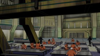 Movie still from “Injustice” (2021), directed by Matt Peters – An animation of people sitting at tables in a building; Extreme Wide shot, High angle