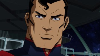 Movie still from “Injustice” (2021), directed by Matt Peters – A man's face in a cartoon style; Close Up shot, Low angle