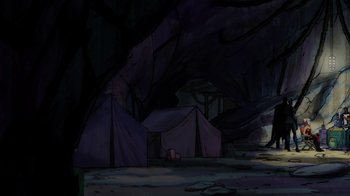 Movie still from “Injustice” (2021), directed by Matt Peters – An illustration of tents in a cave with trees in the background; Extreme Wide shot, High angle