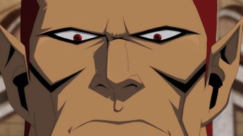 Movie still from “Injustice” (2021), directed by Matt Peters – An illustration of an angry face with red eyes; Extreme Close Up shot, Low angle