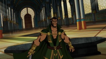 Movie still from “Injustice” (2021), directed by Matt Peters – A man with a sword standing in front of a building; Wide shot, Over the shoulder angle