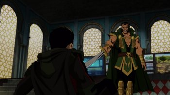 Movie still from “Injustice” (2021), directed by Matt Peters – A man holding a sword in front of another man in front of stained glass windows; Wide shot, Over the shoulder angle
