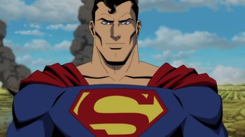 Movie still from “Injustice” (2021), directed by Matt Peters – A man in a superman costume with smoke in the background; Medium shot, Low angle