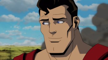 Movie still from “Injustice” (2021), directed by Matt Peters – A cartoon of a man with blue eyes looking into the distance; Close Up shot, Over the shoulder angle