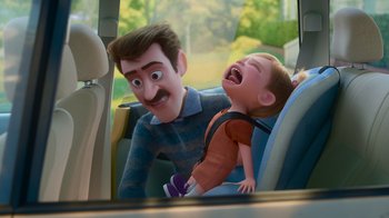 Movie still from “Inside Out” (2015), directed by Pete Docter – A man and a child in a car seat; Medium shot, Over the shoulder angle