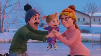 Movie still from “Inside Out” (2015), directed by Pete Docter – A man and a woman holding a little girl in her arms; Medium shot, Over the shoulder angle
