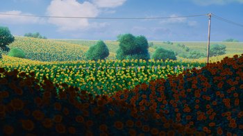 Movie still from “Inside Out” (2015), directed by Pete Docter – A painting of a field of sunflowers with trees in the background; Extreme Wide shot, Low angle