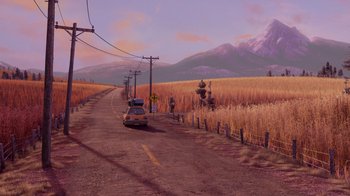 Movie still from “Inside Out” (2015), directed by Pete Docter – A car is parked on the side of a dirt road; Extreme Wide shot, High angle