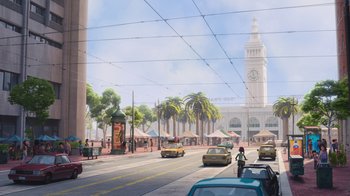 Movie still from “Inside Out” (2015), directed by Pete Docter – An artist's rendering of a street with a clock tower in the background; Extreme Wide shot, Low angle