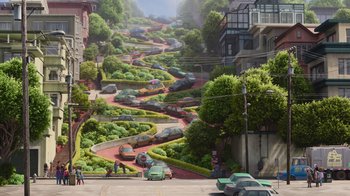 Movie still from “Inside Out” (2015), directed by Pete Docter – A painting of cars driving down a curvy road; Extreme Wide shot, High angle