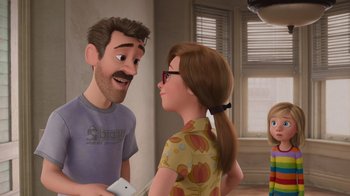 Movie still from “Inside Out” (2015), directed by Pete Docter – A man and a woman talking to each other in a room; Medium shot, Over the shoulder angle