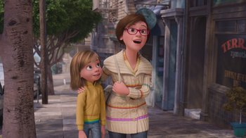 Movie still from “Inside Out” (2015), directed by Pete Docter – An animated woman standing next to a little girl; Medium shot, Over the shoulder angle