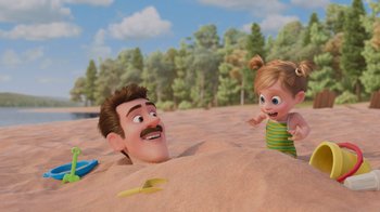 Movie still from “Inside Out” (2015), directed by Pete Docter – A man and a girl are playing in the sand; Wide shot, High angle