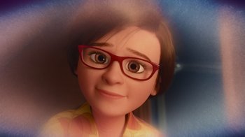 Movie still from “Inside Out” (2015), directed by Pete Docter – A girl with glasses is looking at the camera; Close Up shot, High angle