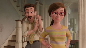 Movie still from “Inside Out” (2015), directed by Pete Docter – A man and a woman standing next to each other; Medium shot, Over the shoulder angle