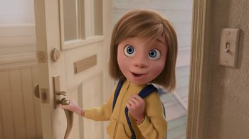 Movie still from “Inside Out” (2015), directed by Pete Docter – A cartoon girl is standing in front of a door; Medium shot, Over the shoulder angle