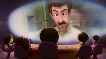 Movie still from “Inside Out” (2015), directed by Pete Docter – A group of children watching a cartoon of a man; Medium shot, Over the shoulder angle