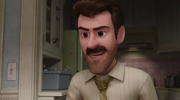 Movie still from “Inside Out” (2015), directed by Pete Docter – A man with a beard and a mustache wearing a shirt and tie; Close Up shot, High angle