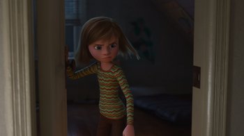 Movie still from “Inside Out” (2015), directed by Pete Docter – A girl standing in front of a door; Medium shot, Over the shoulder angle