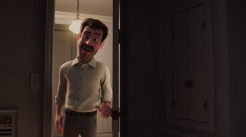 Movie still from “Inside Out” (2015), directed by Pete Docter – An animated man standing in front of a door; Medium shot, Over the shoulder angle