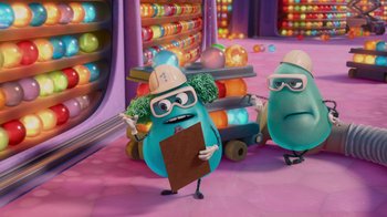 Movie still from “Inside Out” (2015), directed by Pete Docter – Two cartoon characters are standing in a store; Medium shot, Over the shoulder angle