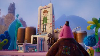 Movie still from “Inside Out” (2015), directed by Pete Docter – A person is standing in front of a building; Wide shot, Over the shoulder angle