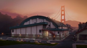 Movie still from “Inside Out” (2015), directed by Pete Docter – An image of a building with a bridge in the background; Extreme Wide shot, High angle