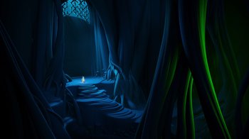 Movie still from “Inside Out” (2015), directed by Pete Docter – A candle is lit in a dark room; Extreme Wide shot, High angle