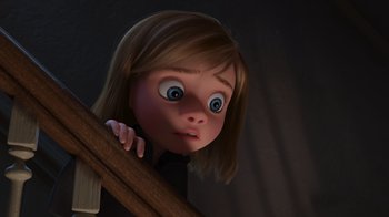 Movie still from “Inside Out” (2015), directed by Pete Docter – A girl with big blue eyes looking over a railing; Close Up shot, High angle