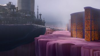 Movie still from “Inside Out” (2015), directed by Pete Docter – A painting of a ship in the middle of the ocean; Extreme Wide shot, High angle