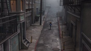 Movie still from “Inside Out” (2015), directed by Pete Docter – An empty street with a parking meter in the middle of it; Extreme Wide shot, High angle