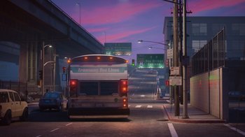 Movie still from “Inside Out” (2015), directed by Pete Docter – A bus is driving down the street at night; Extreme Wide shot, High angle