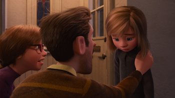 Movie still from “Inside Out” (2015), directed by Pete Docter – A man and a woman looking at another woman; Medium shot, Over the shoulder angle