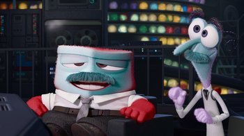 Movie still from “Inside Out” (2015), directed by Pete Docter – A cartoon character with a beard and a mustache; Medium shot, Low angle