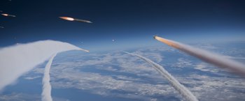 Movie still from “Interceptor” (2022), directed by Matthew Reilly – A group of jets flying in the sky with smoke coming out of them; Extreme Wide shot, Low angle