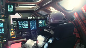 Movie still from “Interstellar” (2014), directed by Christopher Nolan – A person in a space suit sitting in the cockpit of an airplane; Wide shot, High angle