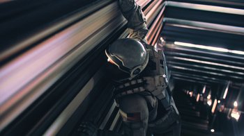 Movie still from “Interstellar” (2014), directed by Christopher Nolan – A man in a suit and helmet standing next to a bunch of metal pipes; Wide shot, Overhead angle