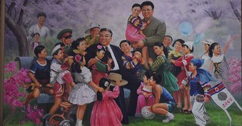 Movie still from “Into the Inferno” (2016), directed by Werner Herzog – An oil painting of a group of people in a field; Medium shot, High angle